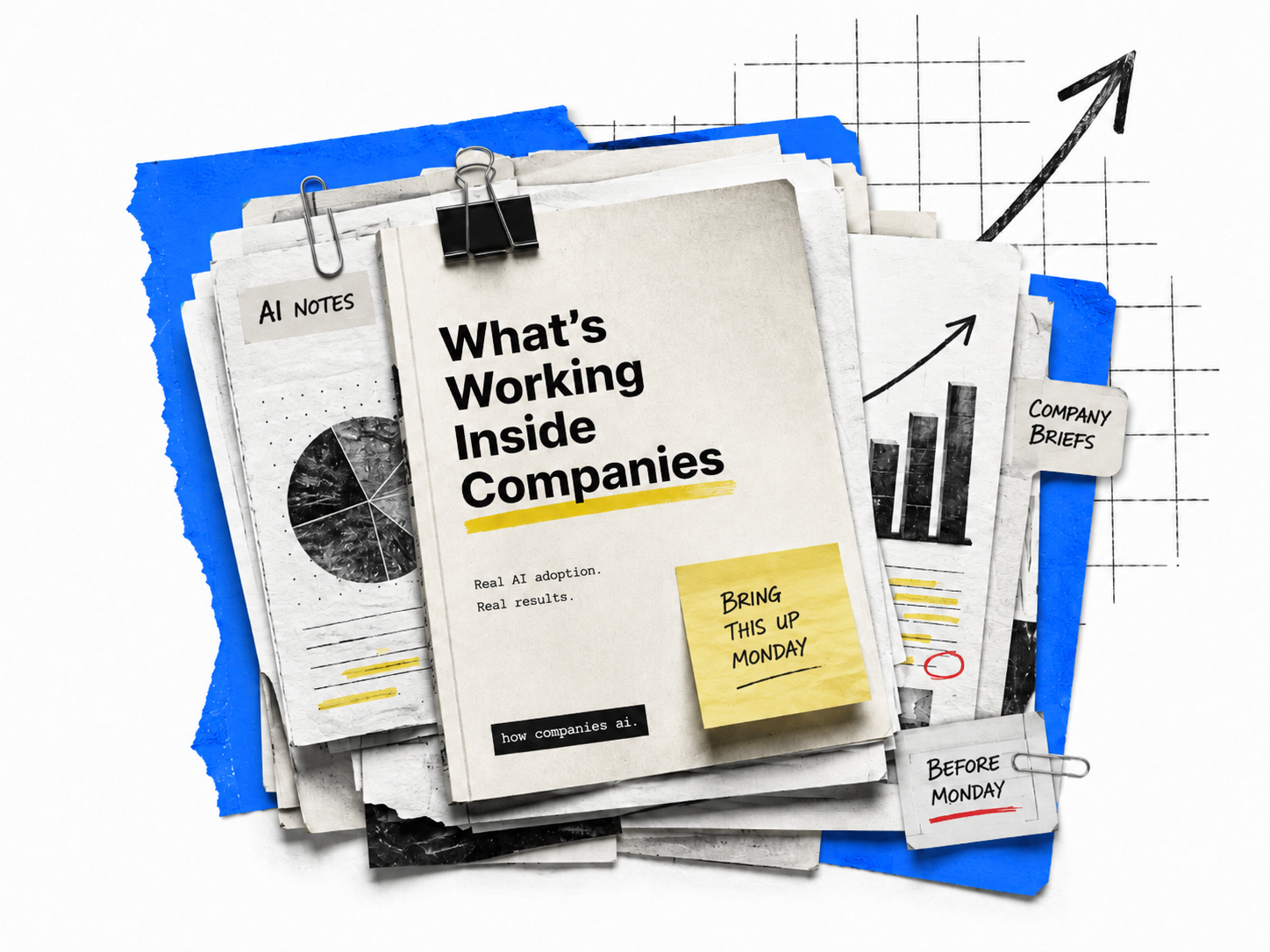 A stack of company AI research briefs